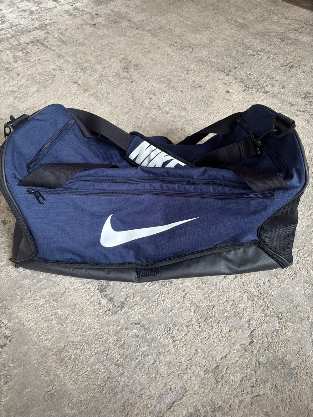 Nike Navy and Black Duffel Bag with White Swoosh